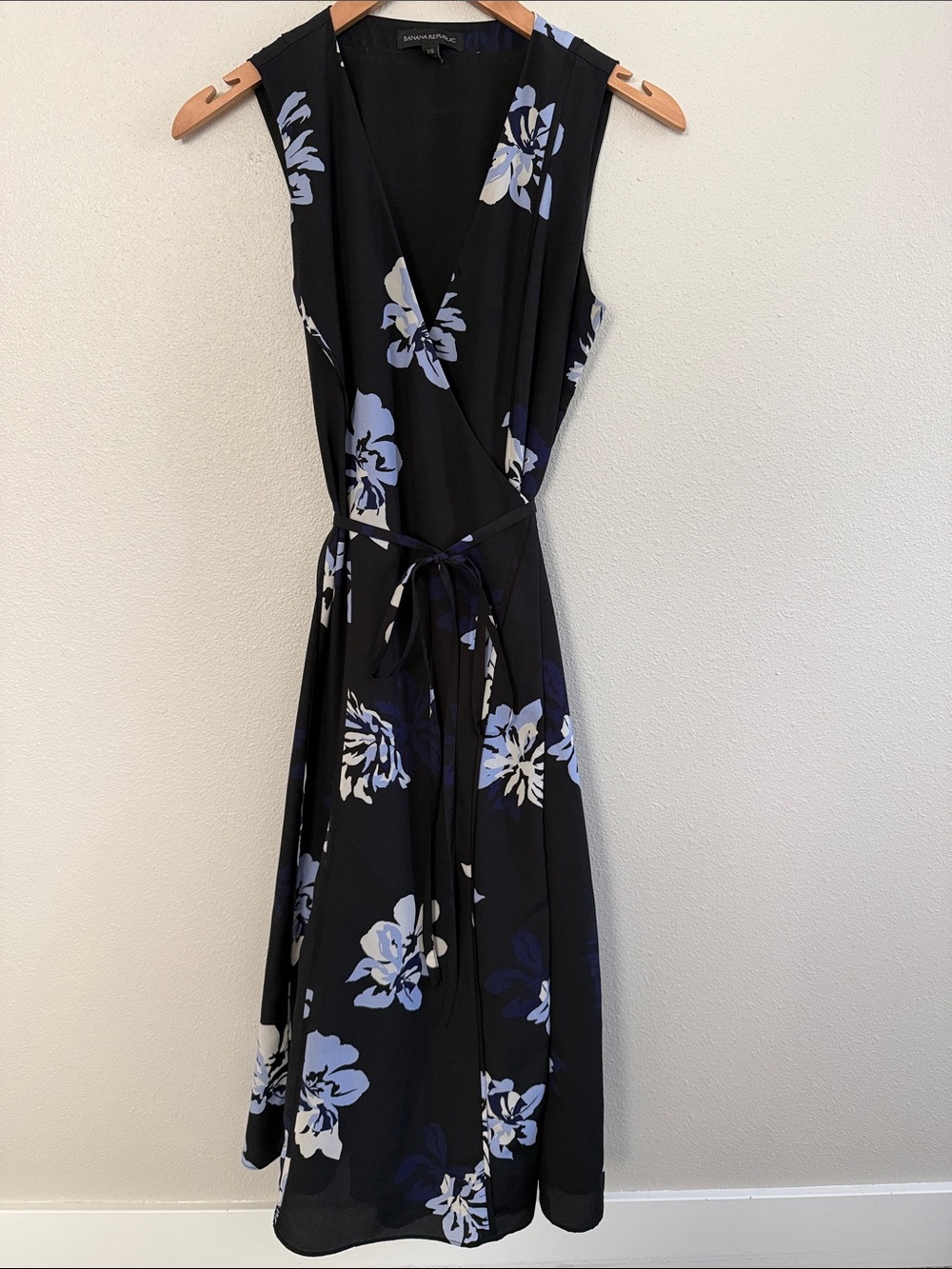 Banana Republic Black Maxi Wrap Dress with Blue & White Floral Print
